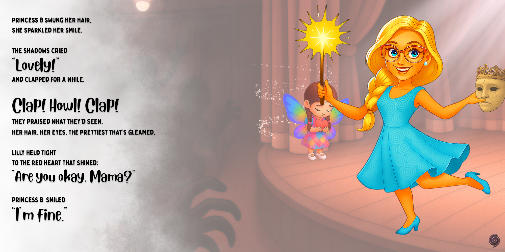 Animated character in a blue dress holding a fairy and a crown, with text on the left.