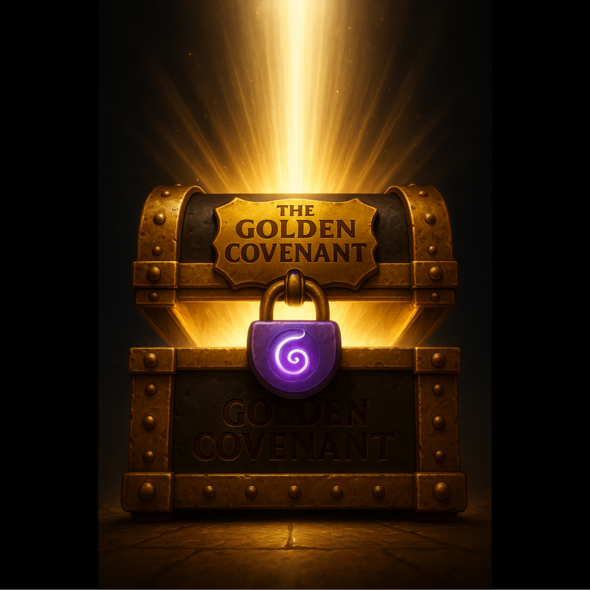 Wooden chest labeled 'The Golden Covenant' with a glowing lock on a dark background
